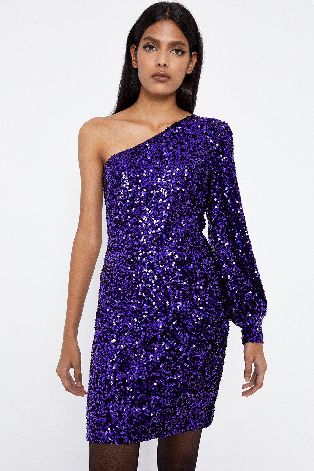 Sequin One Sleeve Dress | Warehouse